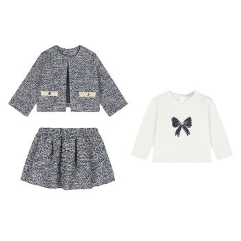 Younger Girls Navy Blue Tweed Knit Skirt Set