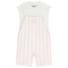 Baby Girls White & Pink Striped Logo Dungaree Set, 1, hi-res