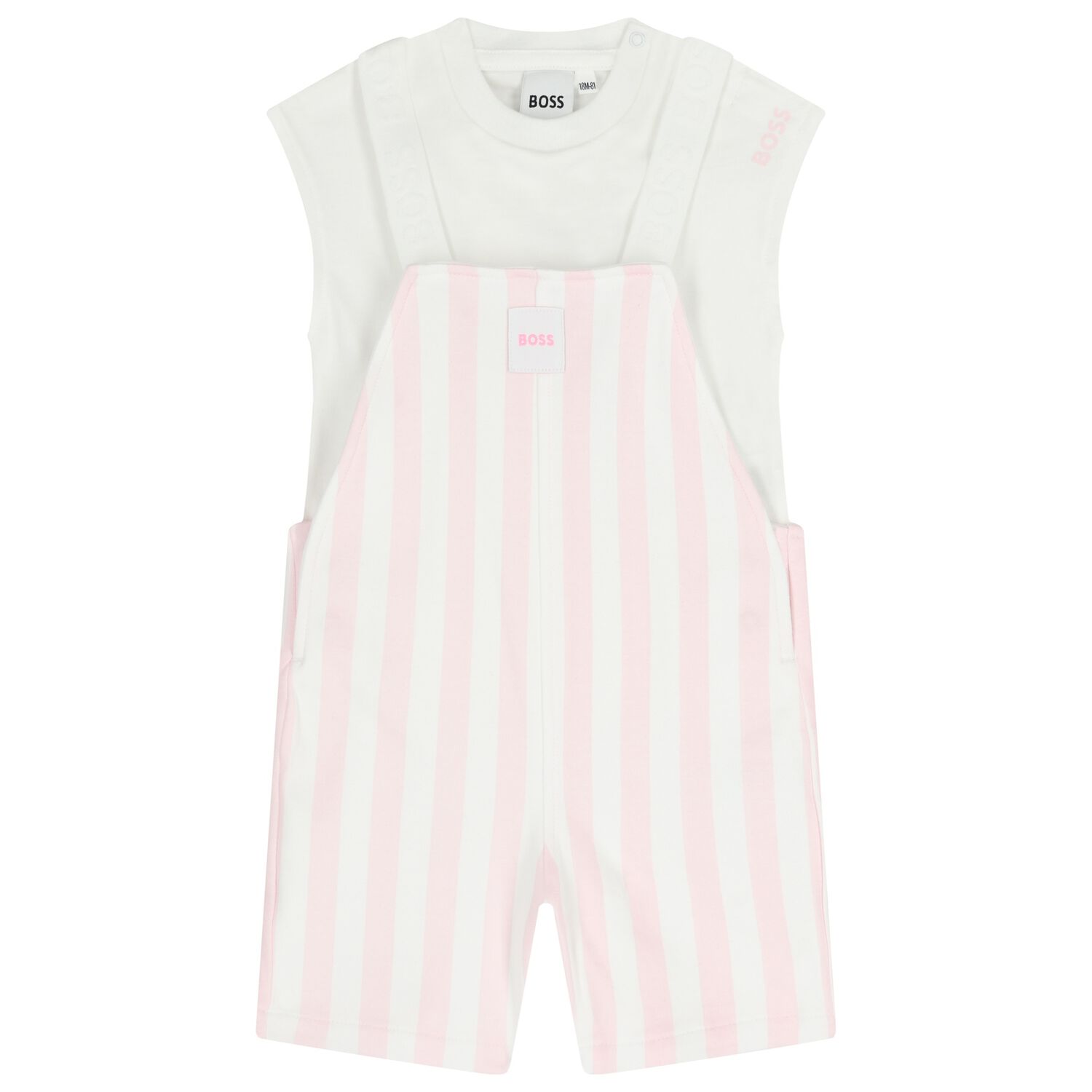 Baby Girls White & Pink Striped Logo Dungaree Set, 1, hi-res
