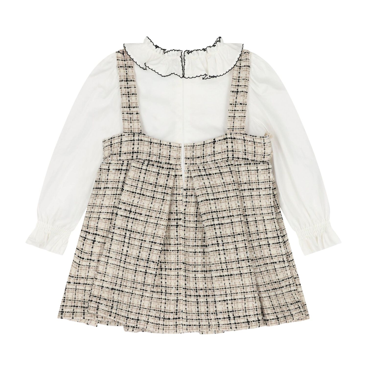 Younger Girls Beige & White Pinafore Dress, 1, hi-res