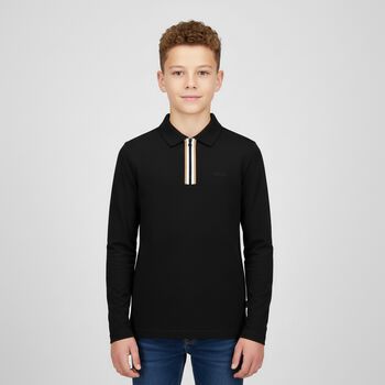 Boys Black Logo Long Sleeve Polo Shirt