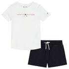Girls White & Navy Blue Logo Shorts Set, 2, hi-res