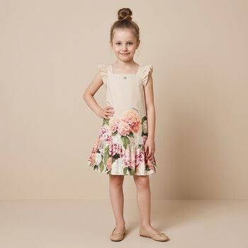 Girls Beige Floral Striped Dress