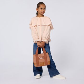 Girls Brown Leather Logo Tote Bag
