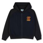 Boys Navy Blue & Black Tiger Logo Hooded Zip Up Top, 1, hi-res