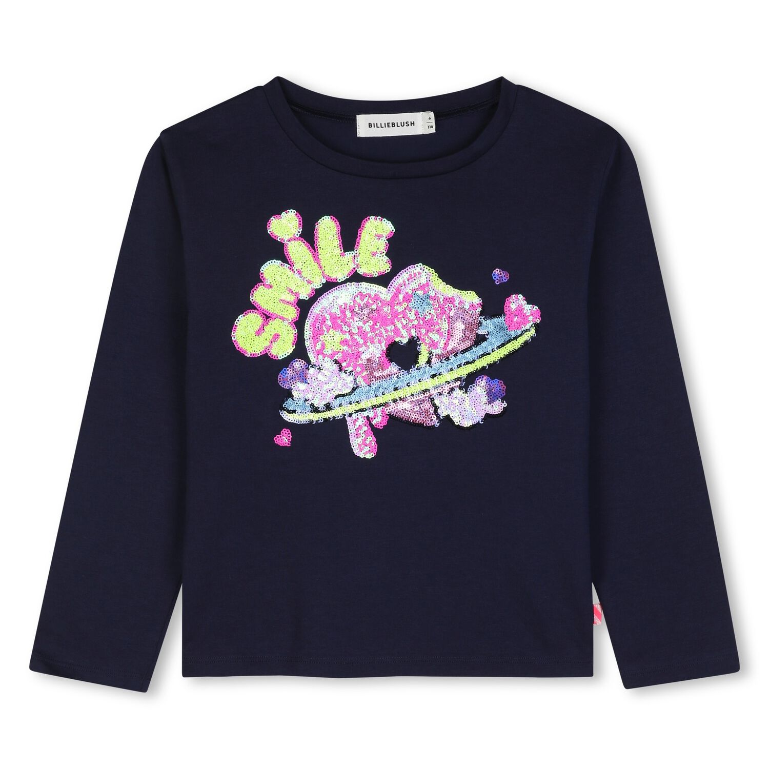 Girls Navy Blue Sequin Planet Long Sleeve Top, 2, hi-res