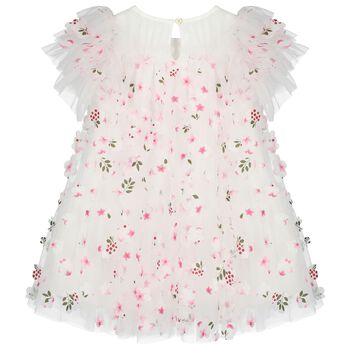 Girls White & Pink Tulle Flowers Dress