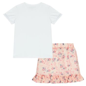 Girls White & Pink Floral Skirt Set