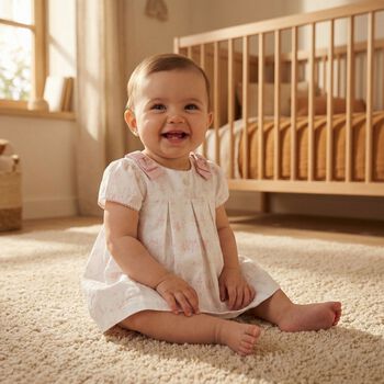 Baby Girls White & Pink Toile De Jouy Dress 