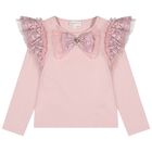 Girls Pink Sequin Lace Bow Carina Long Sleeve Top, 1, hi-res
