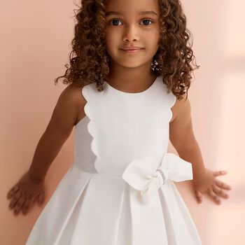 Girls White Scalloped Bow Dress