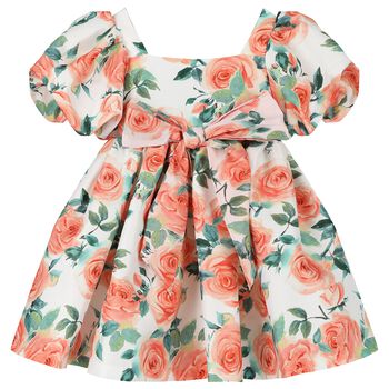 Girls Ivory & Orange Floral Satin Dress