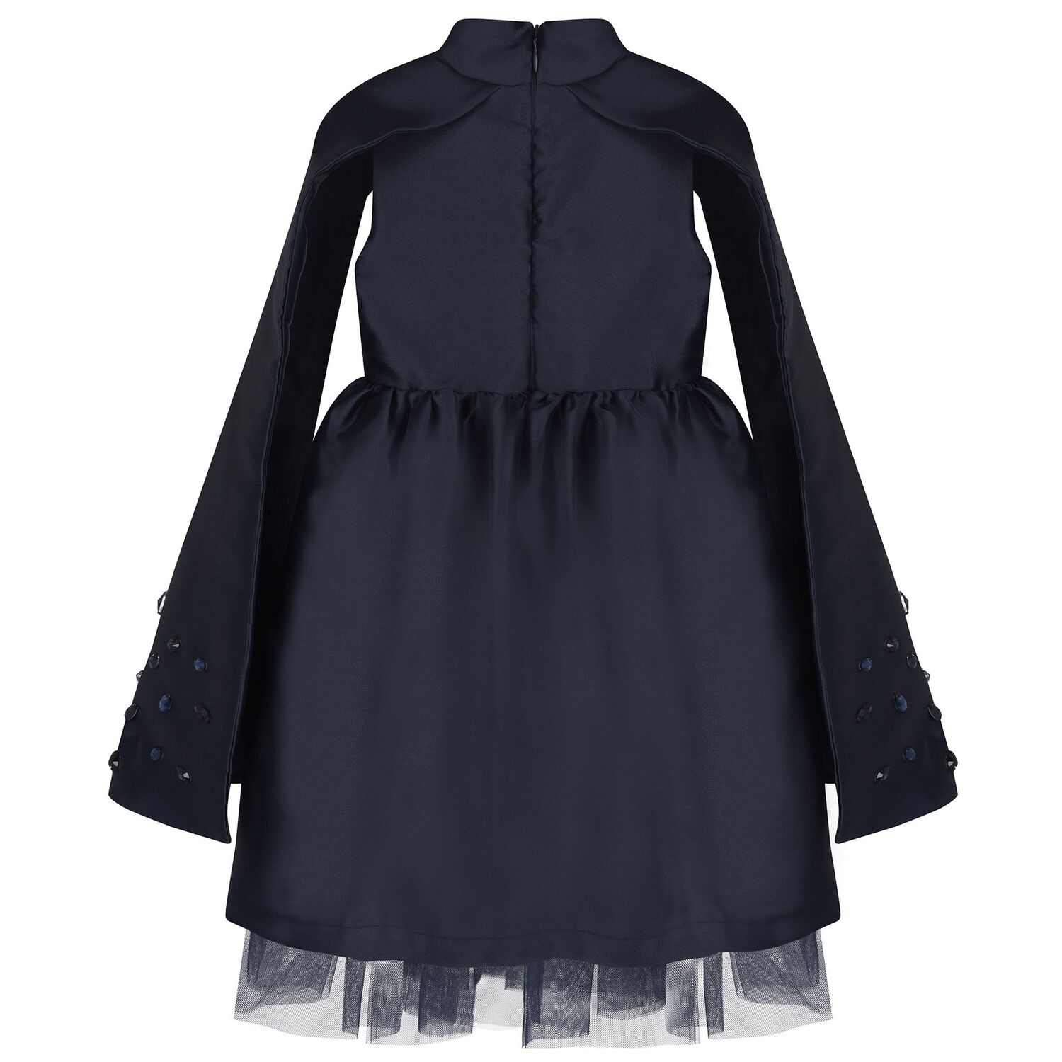 Girls Navy Blue Crystal Cape Sleeve Dress, 1, hi-res