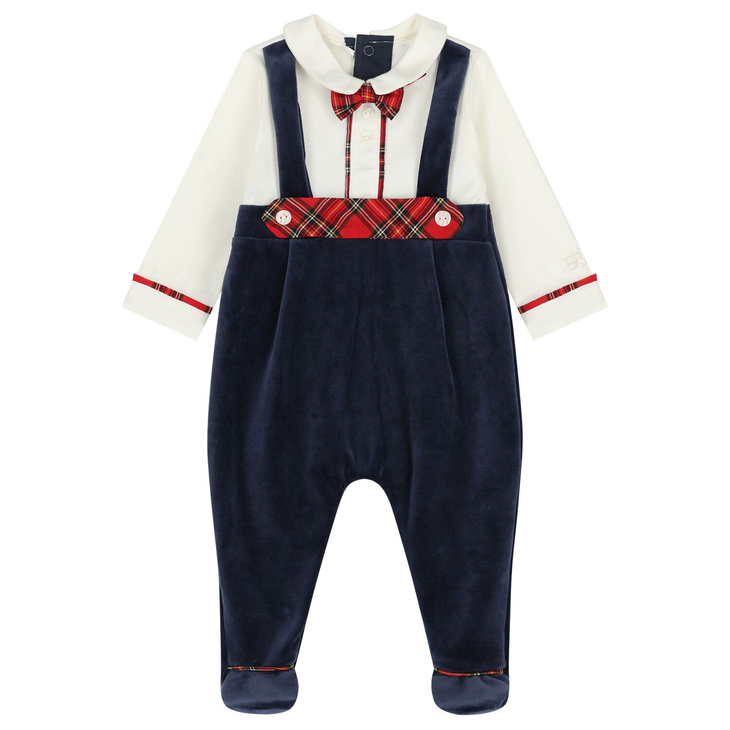 Baby Boys Ivory & Navy Blue Velour Babygrow, 1, hi-res image number null