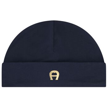 Baby Boys Navy Blue & Gold Logo Baby Hat
