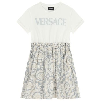 Girls White & Grey Logo Barocco Dress