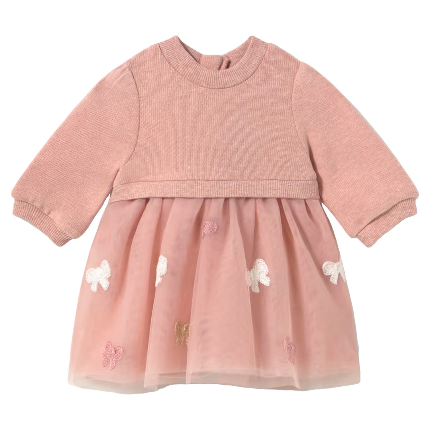 Baby Girls Pink Bow Tulle Dress, 1, hi-res