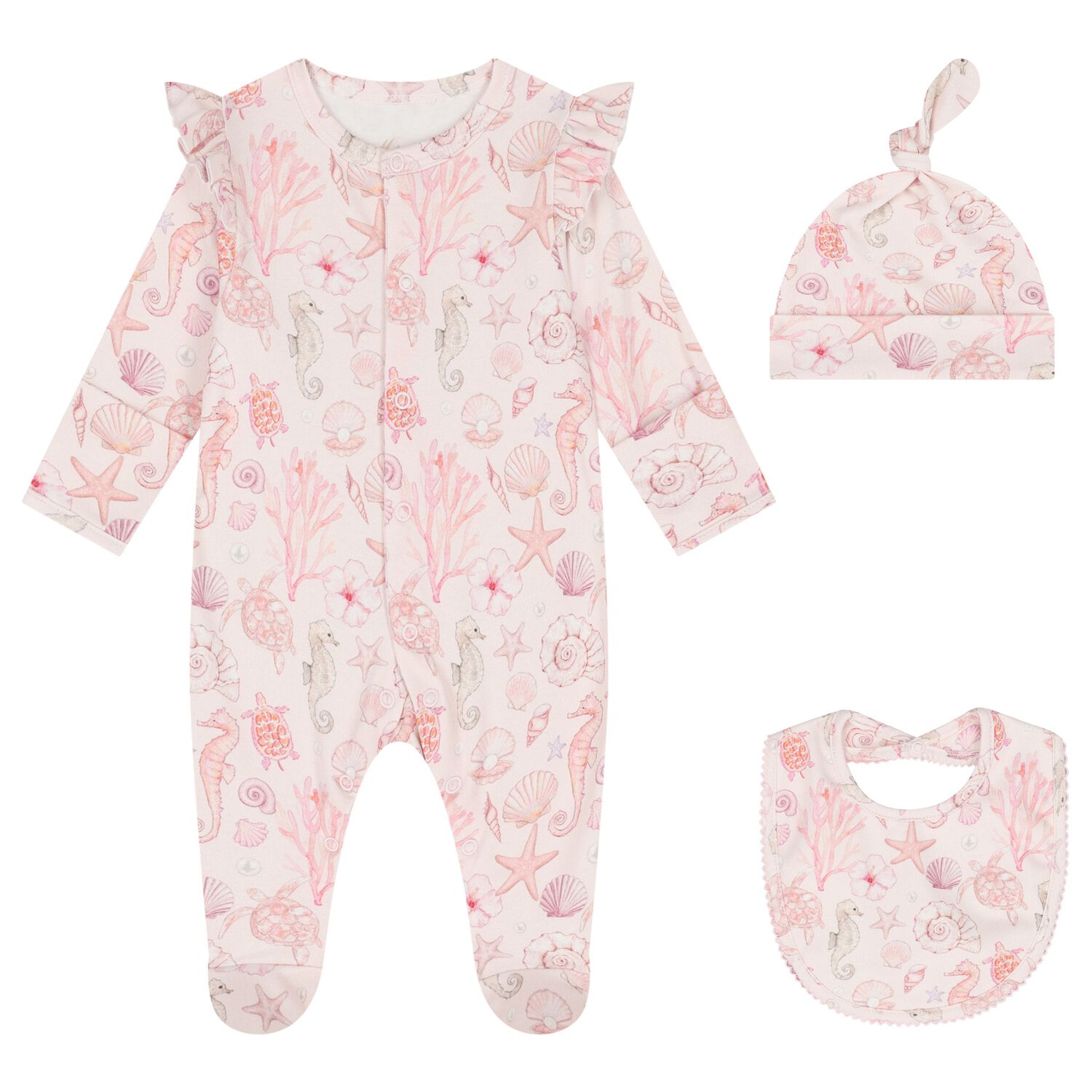 Baby Girls Pink Coral Shells Babygrow Gift Set , 1, hi-res