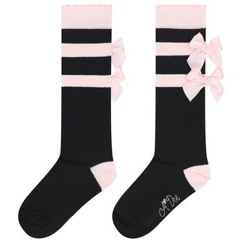 Girls Black & Pink Satin Bow Socks