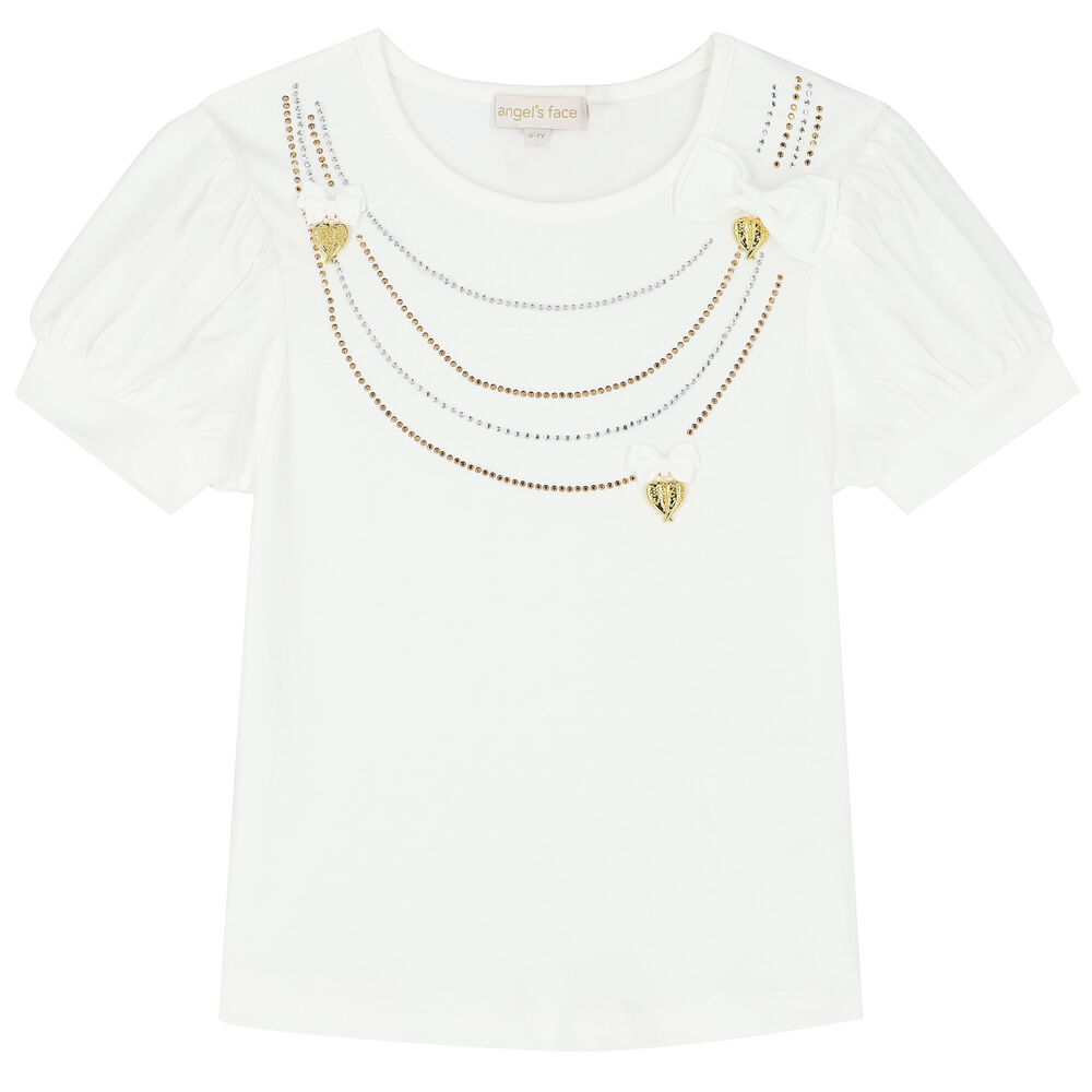 Angel's Face Girls White Necklace T-Shirt | Junior Couture