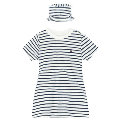 Baby Girls White & Blue Striped Dress Set