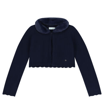 Girls Navy Blue Faux Fur Collar Cardigan