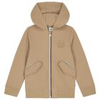 Boys Beige Logo Hooded Zip Up Top, 1, hi-res