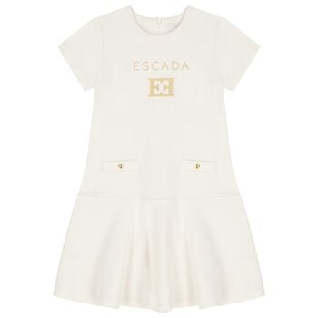 Girls Ivory & Gold Logo Dress
