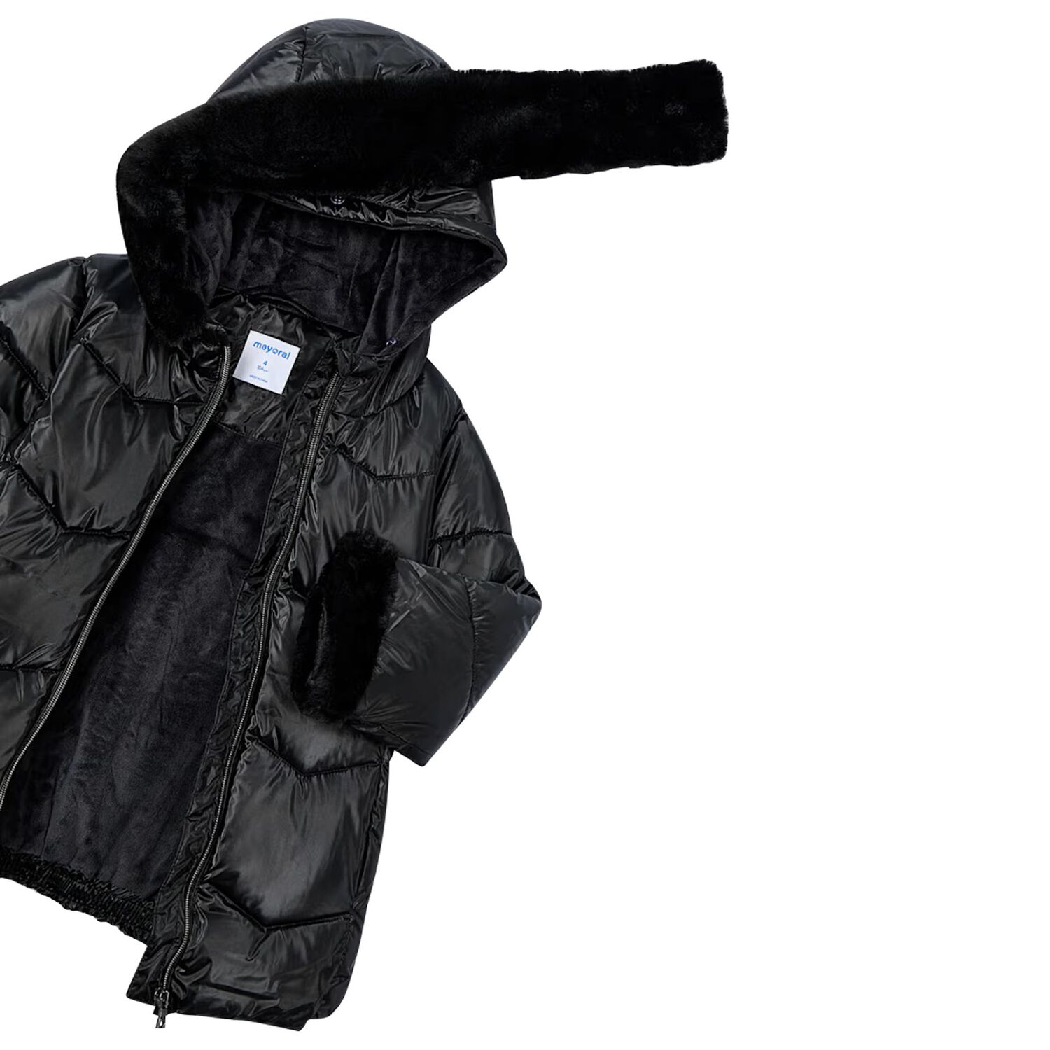 Girls Black Hooded Puffer Coat, 2, hi-res