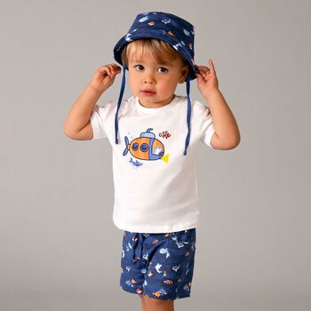 Younger Boys White & Blue Shorts & Hat Set