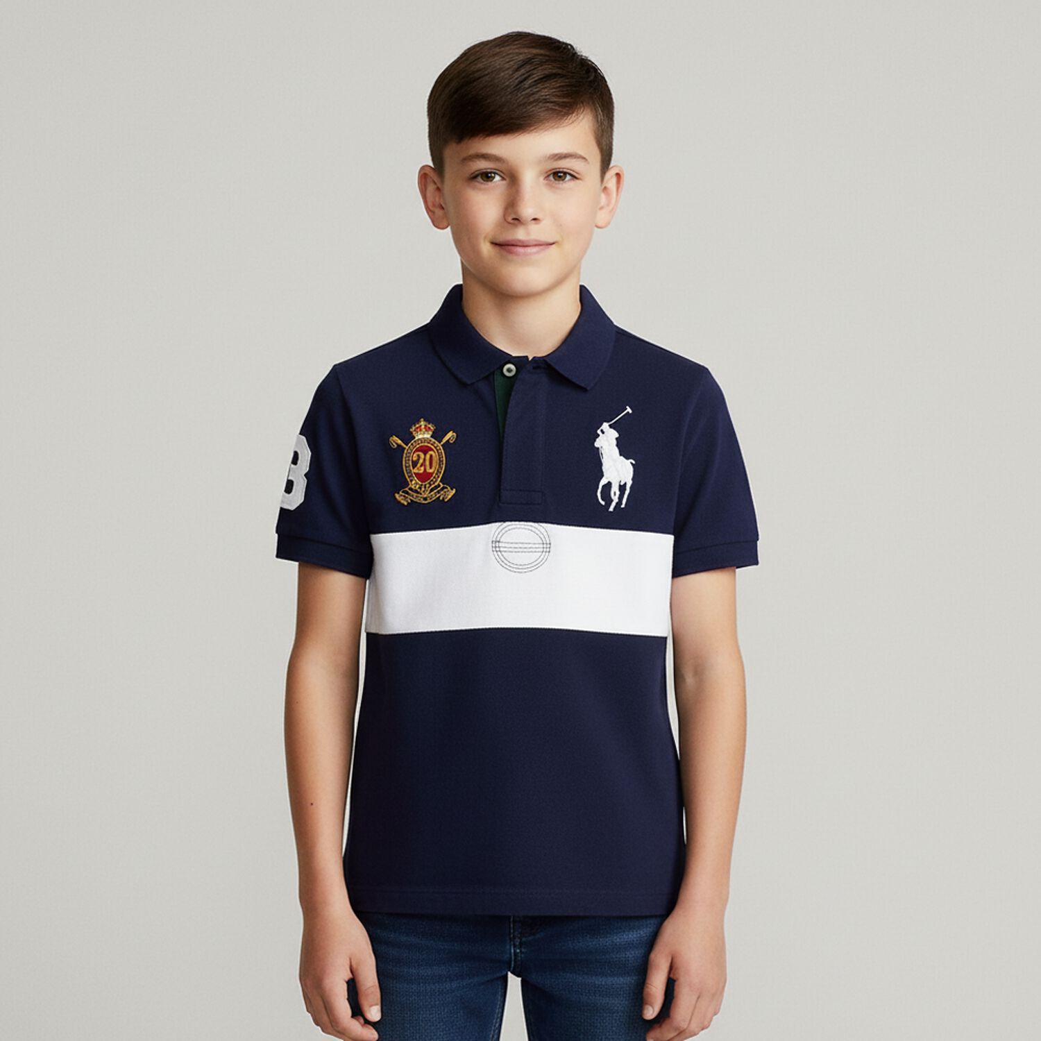Boys Navy Blue & White Pony Logo Polo Shirt, 1, hi-res image number null
