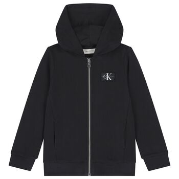 Boys Black Logo Hooded Zip Up Top