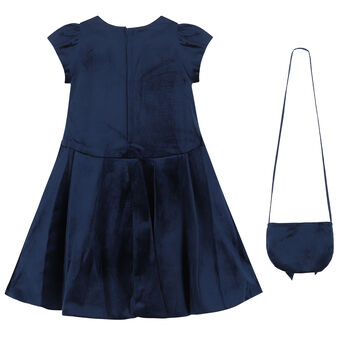 Girls Navy Bow Dress & Bag Set