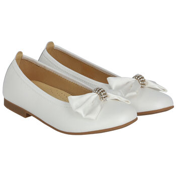 Girls White Embellished Bow Ballerina Shoes