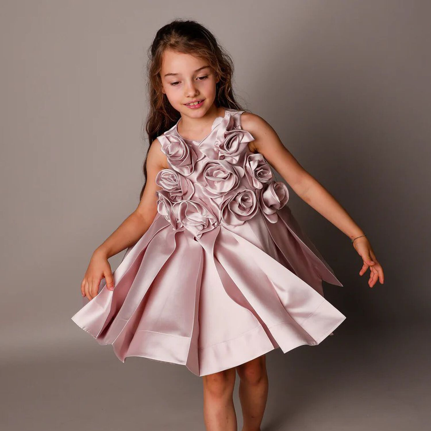Girls Pink Flower Satin Dress, 1, hi-res image number null