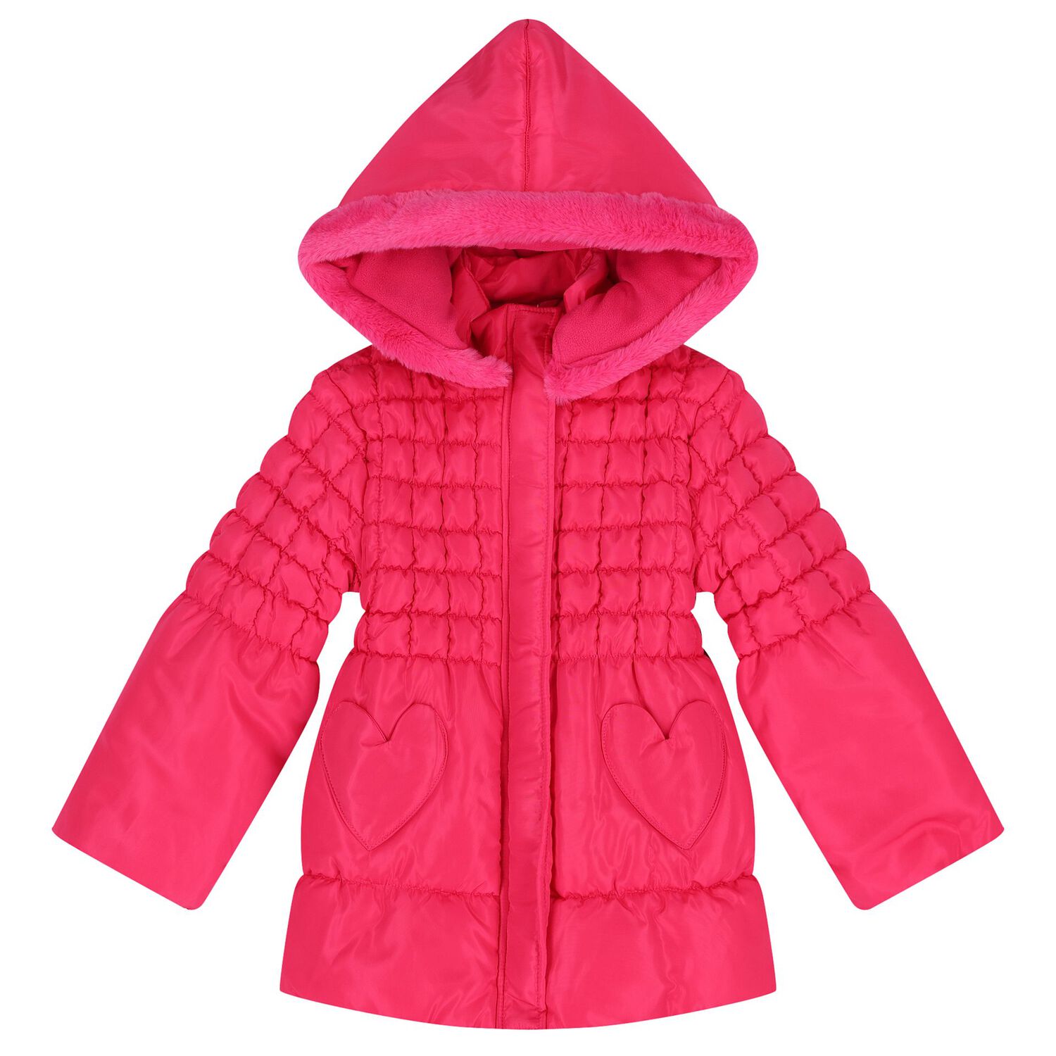 Girls Pink Heart Hooded Puffer Jacket, 1, hi-res