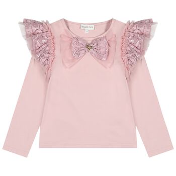 Girls Pink Sequin Lace Bow Carina Long Sleeve Top