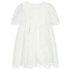 Girls White Chiffon Bow Lace Dress, 1, hi-res
