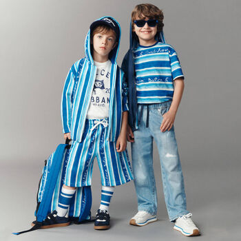 Boys Blue Striped Cotton Logo Shorts