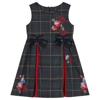 Girls Navy Blue Tartan Bow Dress