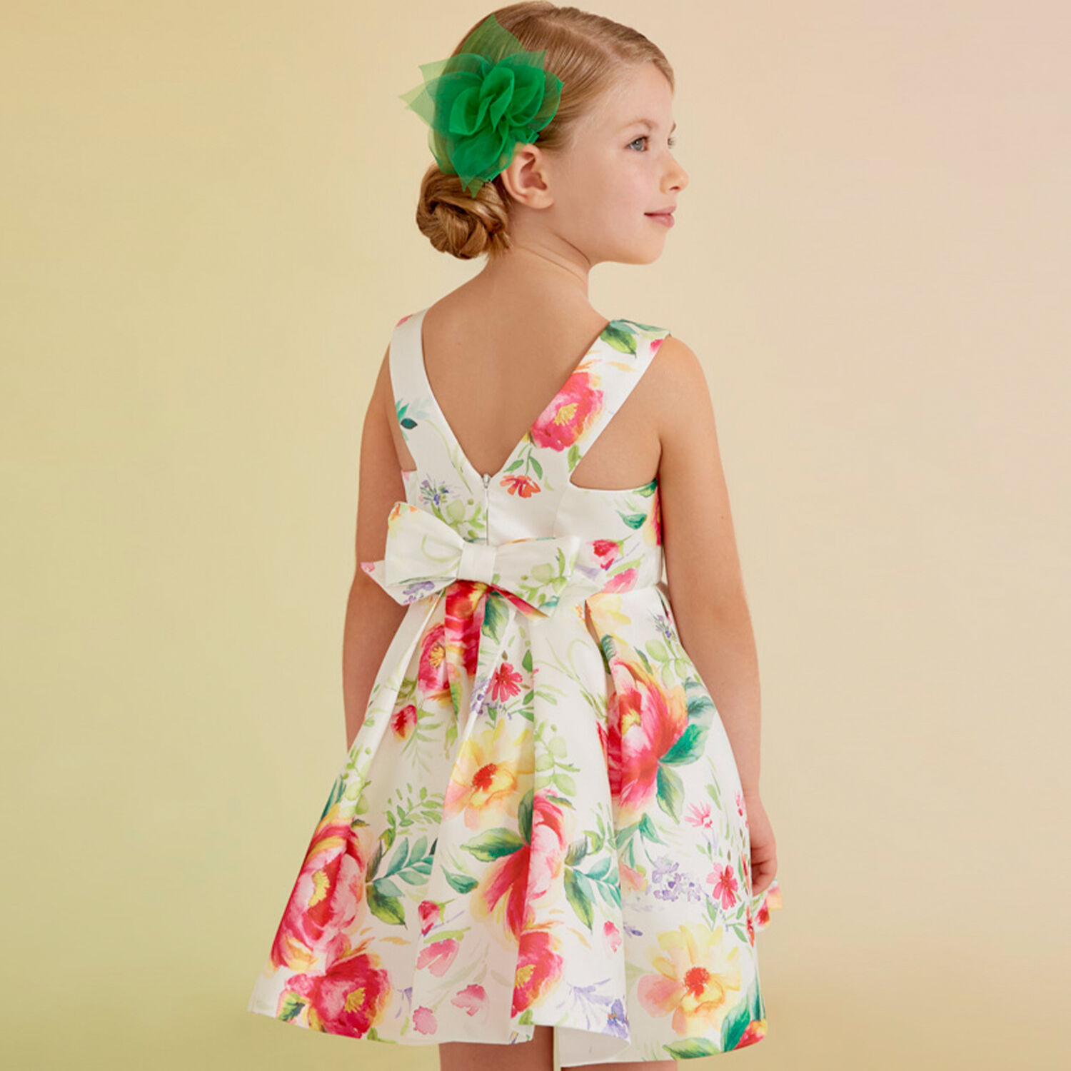 Girls Ivory Floral Satin Dress, 1, hi-res image number null
