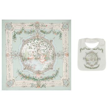 Ivory & Blue Tapestry Baby Swaddle & Bib Gift Set