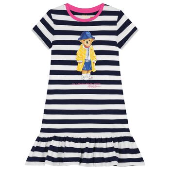 Girls White & Navy Blue Logo Dress