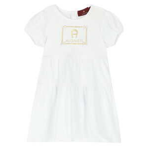 Younger Girls White & Gold Logo Dress