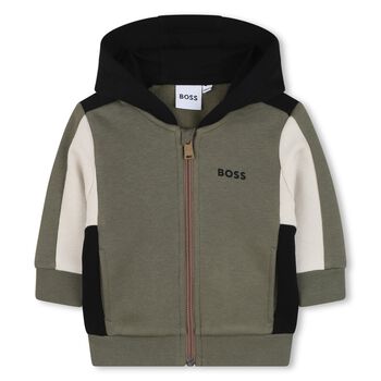 Younger Boys Green, Ivory & Black Hooded Zip Up Top