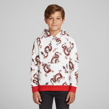 Boys Ivory & Red Dragons Hooded Top