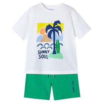Boys White & Green Palm Tree Shorts Set
