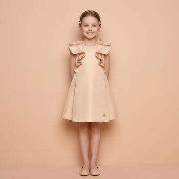 Girls Beige Satin Ruffle Dress
