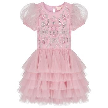 Girls Pink Embellished Crystal Tulle Dress