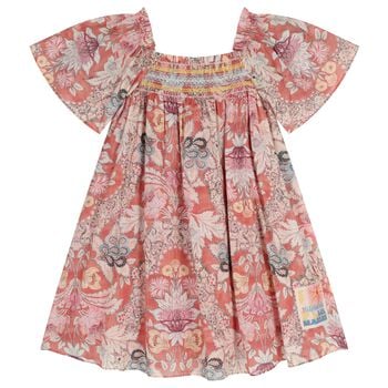Girls Pink Floral Shirred Dress